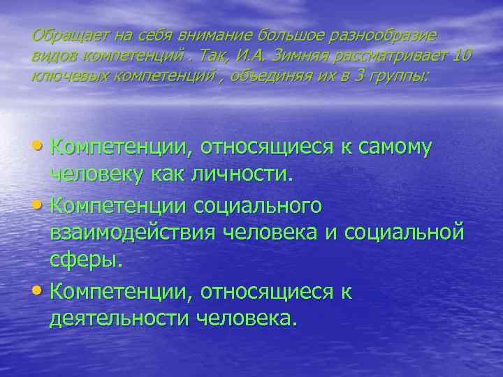 Обращает на себя внимание большое разнообразие видов компетенций. Так, И. А. Зимняя рассматривает 10