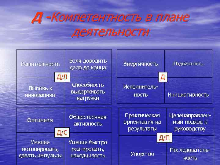 Д -Компетентность в плане деятельности Решительность Воля доводить дело до конца Энергичность Д/Л Подвижность