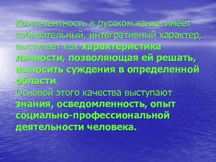 Компетентность в русском языке имеет собирательный, интегративный характер, выступает как характеристика личности, позволяющая ей