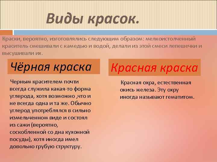  Виды красок. Краски, вероятно, изготовлялись следующим образом: мелкоистолченный краситель смешивали с камедью и