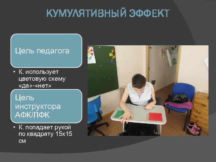 КУМУЛЯТИВНЫЙ ЭФФЕКТ Цель педагога • К. использует цветовую схему «да» - «нет» Цель инструктора