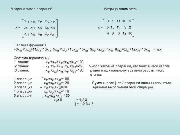 Матрица числа операций Матрица стоимостей х11 х12 х13 х14 х15 3 5 11 10