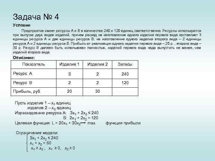 Задача № 4 Условие Предприятие имеет ресурсы А и В в количестве 240 и