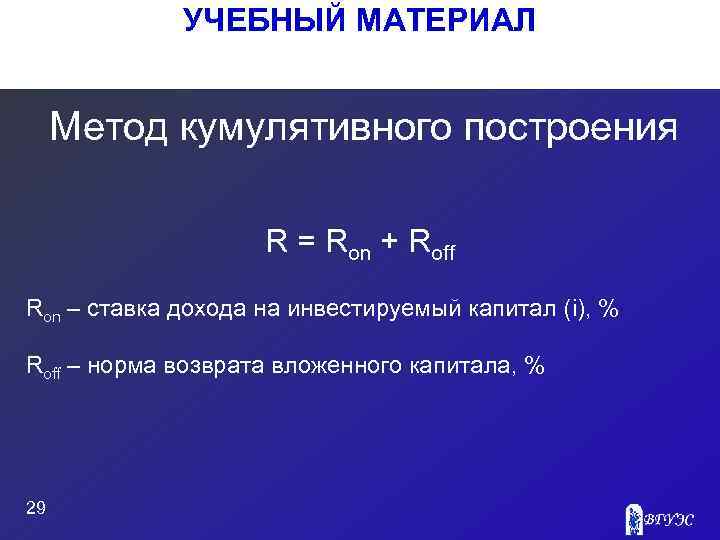 УЧЕБНЫЙ МАТЕРИАЛ Метод кумулятивного построения R = Ron + Roff Ron – ставка дохода