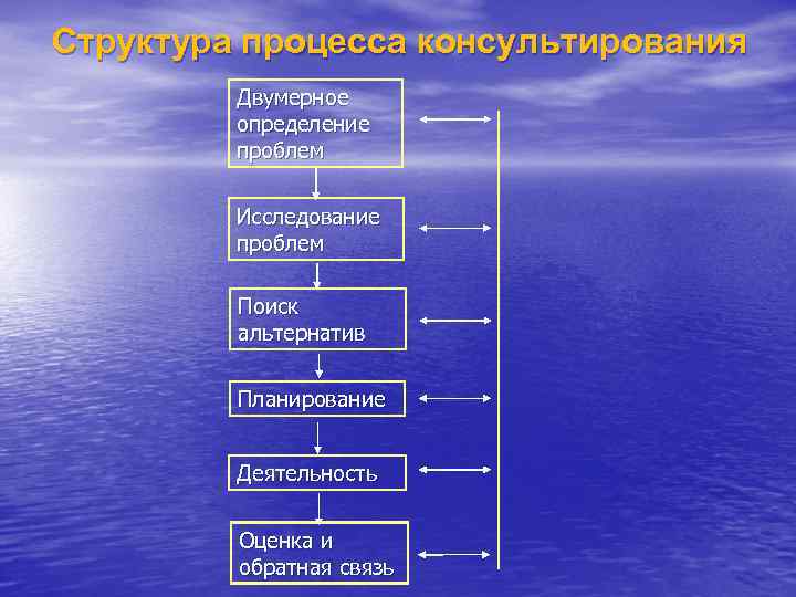 Структура процесса консультирования Двумерное определение проблем Исследование проблем Поиск альтернатив Планирование Деятельность Оценка и