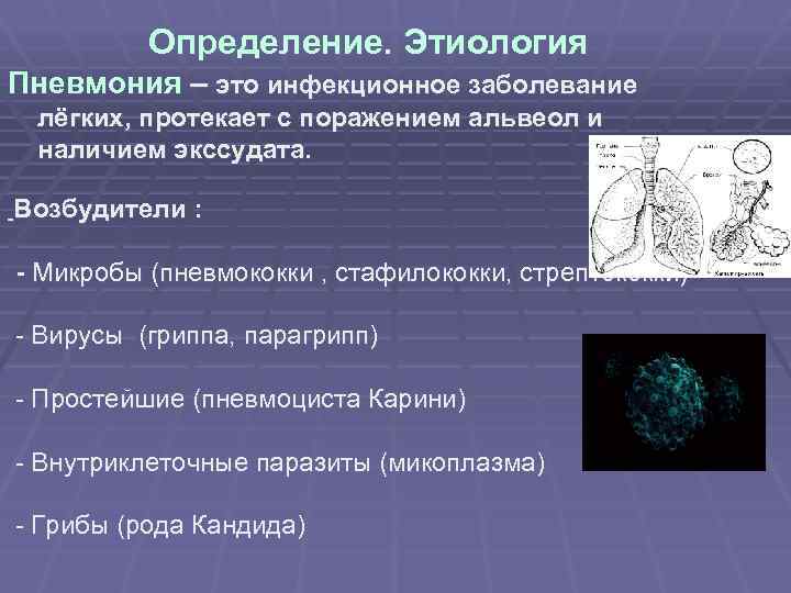Определение. Этиология Пневмония – это инфекционное заболевание лёгких, протекает с поражением альвеол и наличием