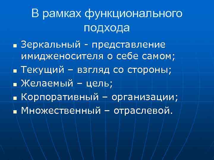 В рамках функционального подхода n n n Зеркальный - представление имидженосителя о себе самом;