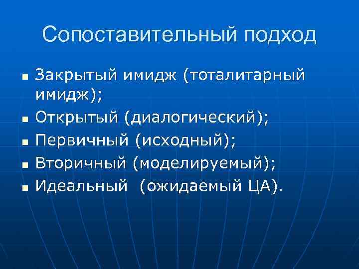 Сопоставительный подход n n n Закрытый имидж (тоталитарный имидж); Открытый (диалогический); Первичный (исходный); Вторичный