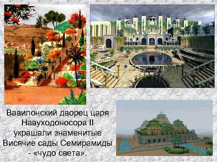 Вавилонский дворец царя Навуходоносора II украшали знаменитые Висячие сады Семирамиды - «чудо света» .