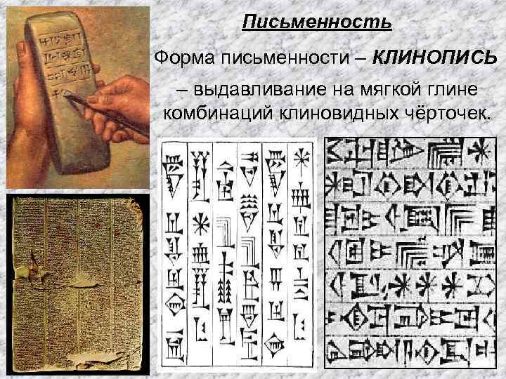 Письменность Форма письменности – КЛИНОПИСЬ – выдавливание на мягкой глине комбинаций клиновидных чёрточек. 