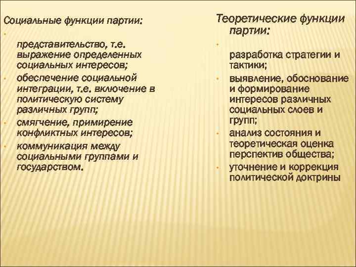 Социальные функции партии: • • представительство, т. е. выражение определенных социальных интересов; обеспечение социальной