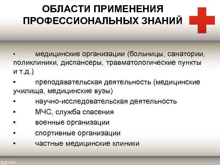 ОБЛАСТИ ПРИМЕНЕНИЯ ПРОФЕССИОНАЛЬНЫХ ЗНАНИЙ медицинские организации (больницы, санатории, поликлиники, диспансеры, травматологические пункты и т.