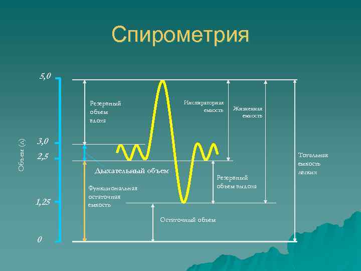 Спирометрия 5, 0 Инспираторная емкость Объем (л) Резервный объем вдоха Жизненная емкость 3, 0