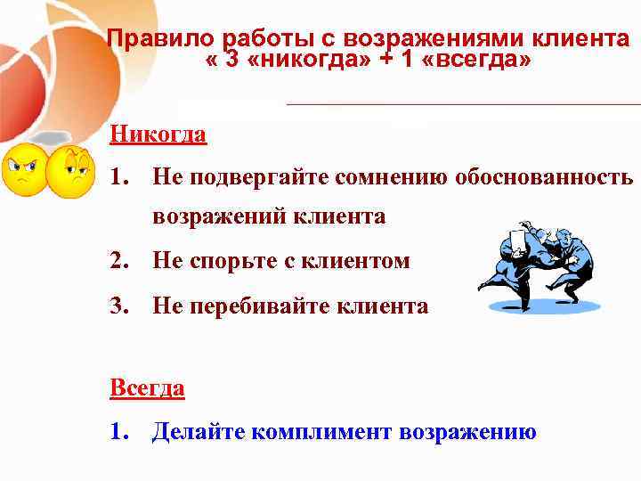 Правило работы с возражениями клиента « 3 «никогда» + 1 «всегда» Никогда 1. Не