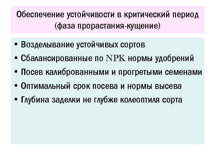 Обеспечение устойчивости в критический период (фаза прорастания-кущение) • Возделывание устойчивых сортов • Сбалансированные по