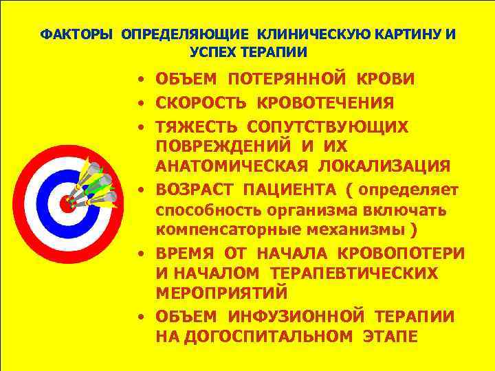 ФАКТОРЫ ОПРЕДЕЛЯЮЩИЕ КЛИНИЧЕСКУЮ КАРТИНУ И УСПЕХ ТЕРАПИИ • ОБЪЕМ ПОТЕРЯННОЙ КРОВИ • СКОРОСТЬ КРОВОТЕЧЕНИЯ