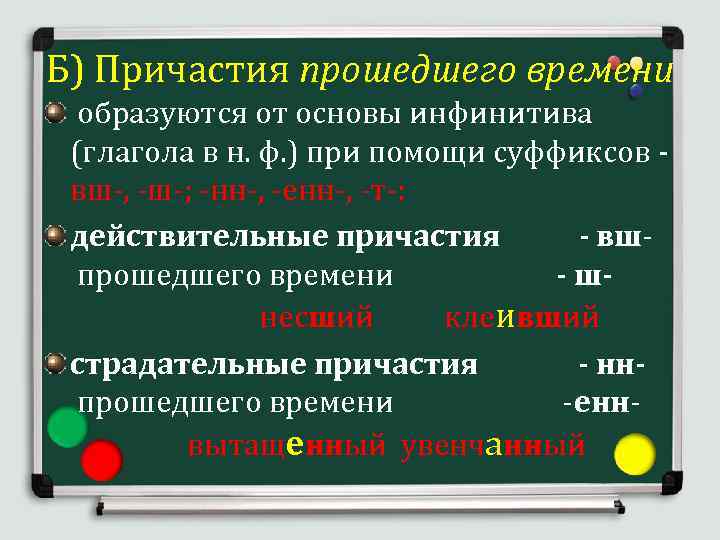 Б) Причастия прошедшего времени образуются от основы инфинитива (глагола в н. ф. ) при