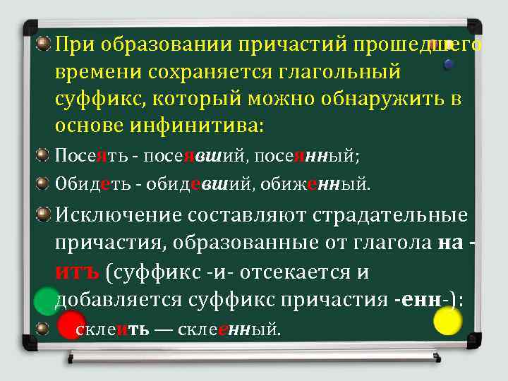 Образуйте от глаголов причастия выделите суффиксы