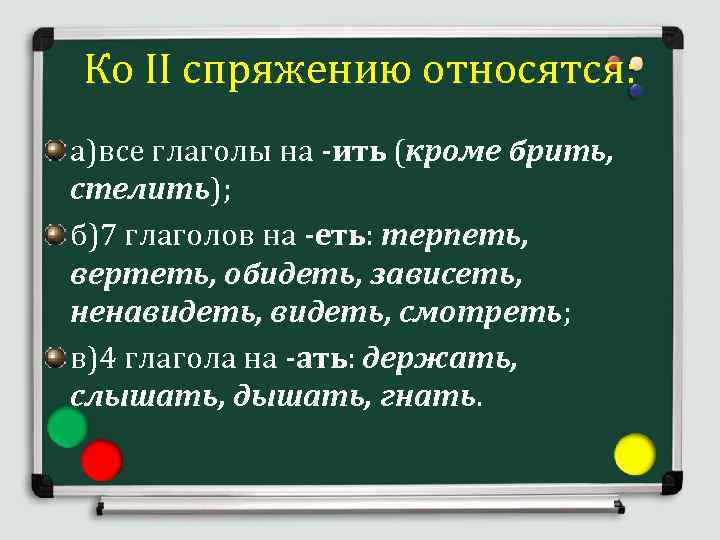 Ко II спряжению относятся: а)все глаголы на -ить (кроме брить, стелить); б)7 глаголов на