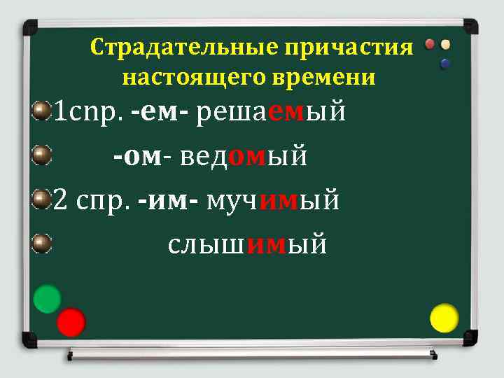  Страдательные причастия настоящего времени 1 cnp. -ем- решаемый -ом- ведомый 2 спр. -им-