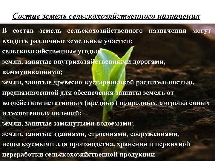  Состав земель сельскохозяйственного назначения В состав земель сельскохозяйственного назначения могут входить различные земельные