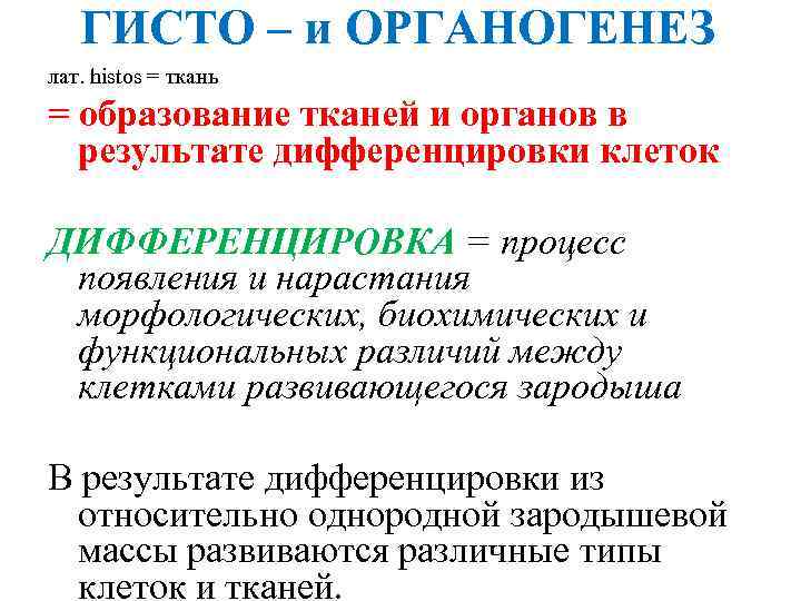 ГИСТО – и ОРГАНОГЕНЕЗ лат. histos = ткань = образование тканей и органов в
