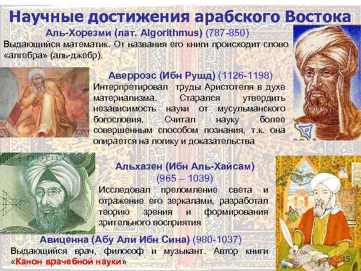 Научные достижения арабского Востока Аль-Хорезми (лат. Algorithmus) (787 -850) Выдающийся математик. От названия его