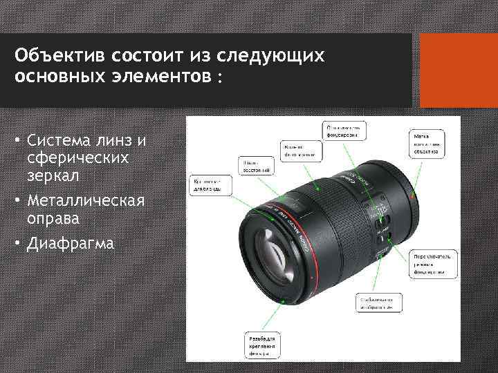 Объектив состоит из следующих основных элементов : • Система линз и  сферических 