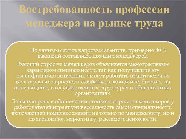 Востребованность профессии менеджера на рынке труда По данным сайтов кадровых агентств, примерно 40 %