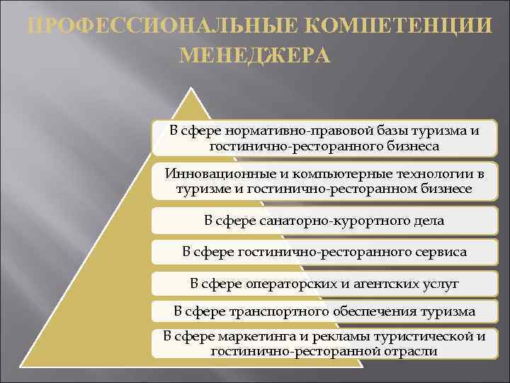 ПРОФЕССИОНАЛЬНЫЕ КОМПЕТЕНЦИИ МЕНЕДЖЕРА В сфере нормативно-правовой базы туризма и гостинично-ресторанного бизнеса Инновационные и компьютерные