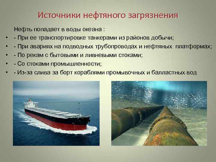  • • • Источники нефтяного загрязнения Нефть попадает в воды океана : -