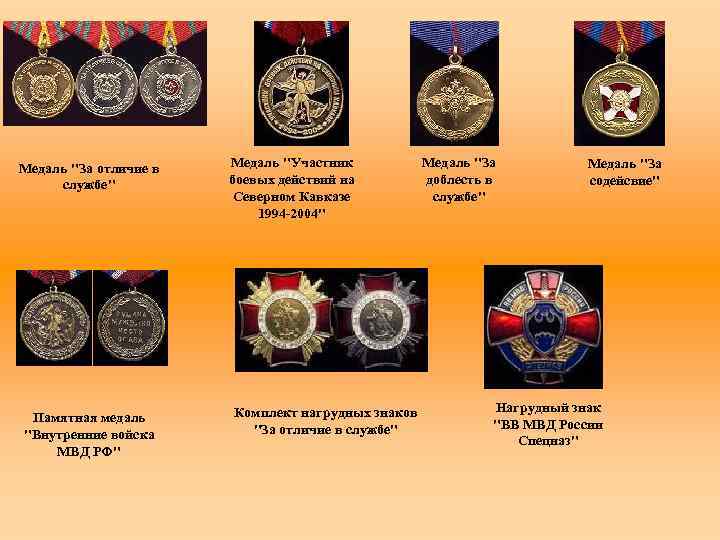 Медаль "За отличие в службе" Памятная медаль "Внутренние войска МВД РФ" Медаль "Участник боевых