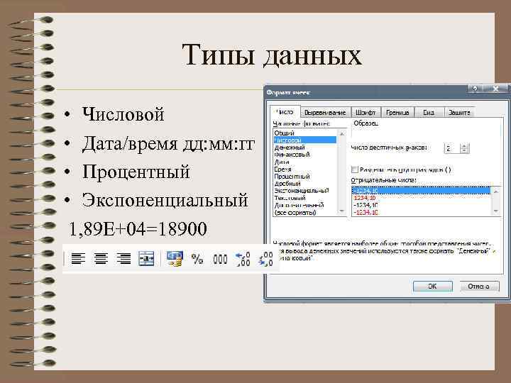   Типы данных • Числовой • Дата/время дд: мм: гг • Процентный •