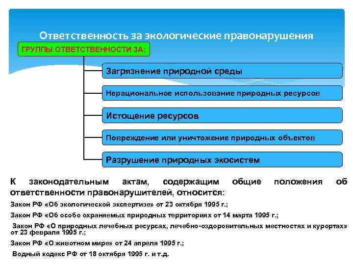 Ответственность за экологические правонарушения ГРУППЫ ОТВЕТСТВЕННОСТИ ЗА: Загрязнение природной среды Нерациональное использование природных ресурсов