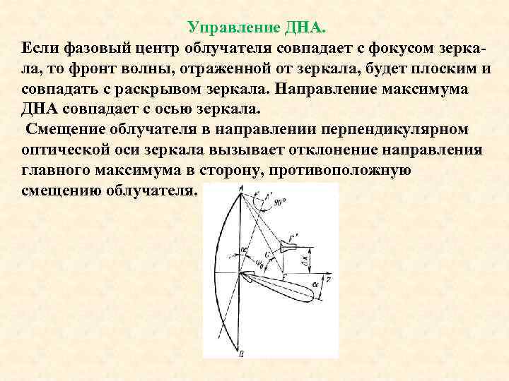 Управление ДНА. Если фазовый центр облучателя совпадает с фокусом зеркала, то фронт волны, отраженной