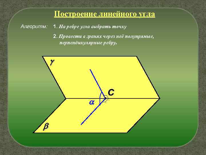 Построение линейного угла Алгоритм: 1. На ребре угла выбрать точку 2. Провести в гранях