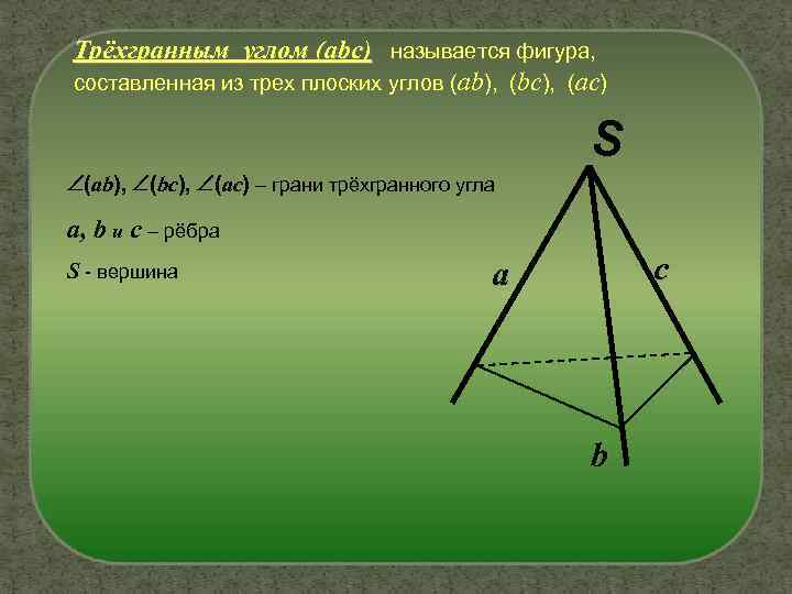 Трёхгранным углом (abc) называется фигура, составленная из трех плоских углов (ab), (bc), (ac) S