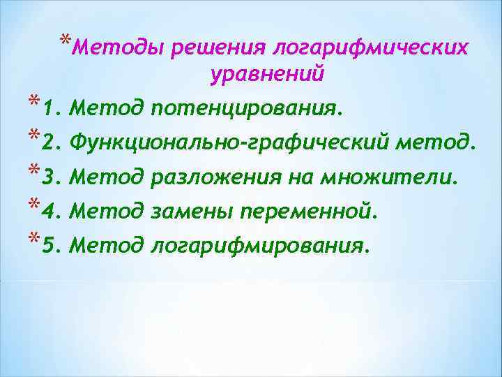 *Методы решения логарифмических уравнений *1. Метод потенцирования. *2. Функционально-графический метод. *3. Метод разложения на