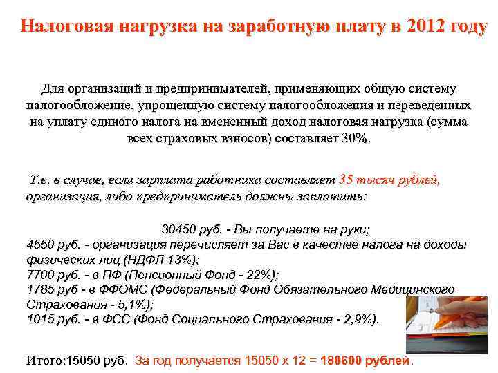 Налоговая нагрузка на заработную плату в 2012 году Для организаций и предпринимателей, применяющих общую