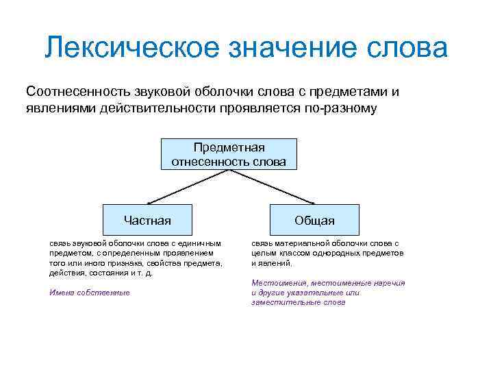 Лексическое значение слова Соотнесенность звуковой оболочки слова с предметами и явлениями действительности проявляется по-разному