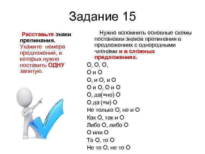  Задание 15 Расставьте знаки Нужно вспомнить основные схемы препинания. постановки знаков препинания в