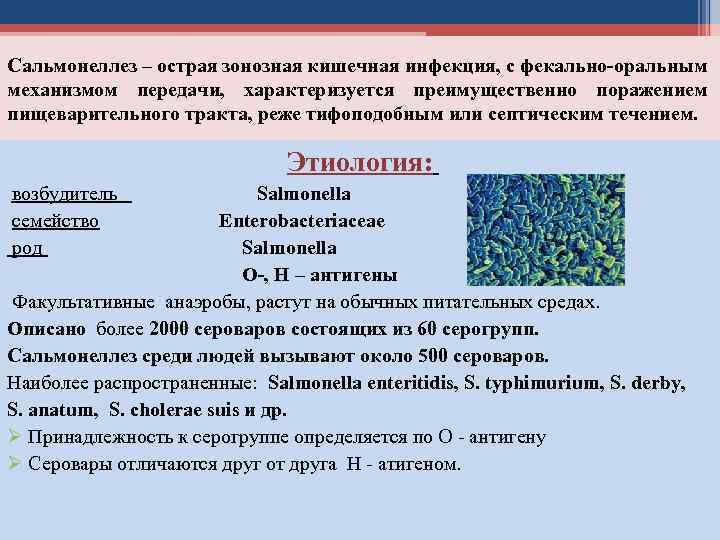 Сальмонеллез – острая зонозная кишечная инфекция, с фекально-оральным механизмом передачи, характеризуется преимущественно поражением пищеварительного