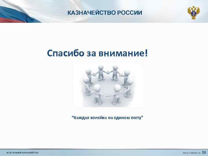 КАЗНАЧЕЙСТВО РОССИИ Спасибо за внимание! “Каждая копейка на едином счету” 20 