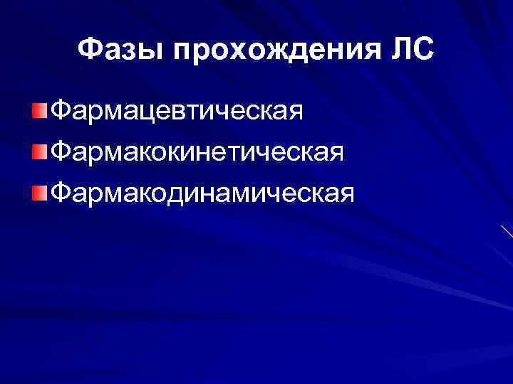 Фазы прохождения ЛС Фармацевтическая Фармакокинетическая Фармакодинамическая 