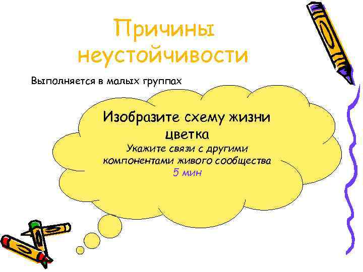 Причины неустойчивости Выполняется в малых группах Изобразите схему жизни цветка Укажите связи с другими