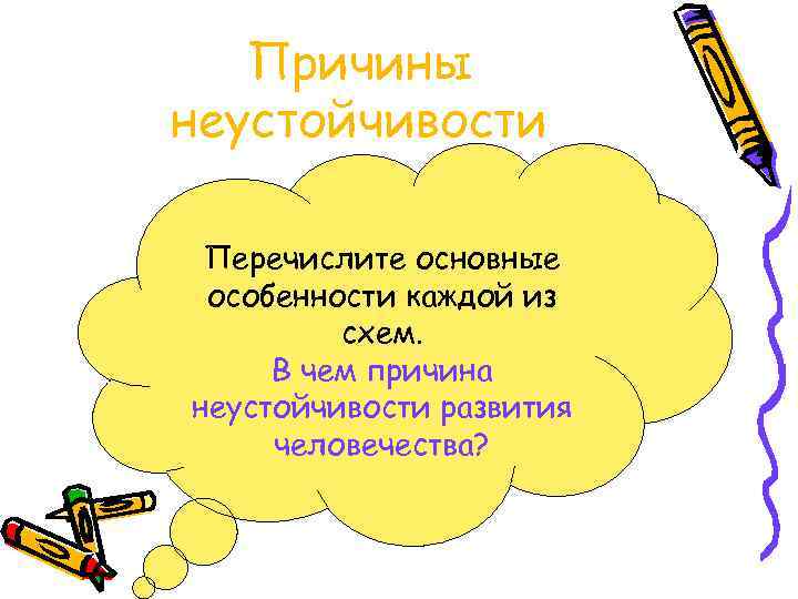 Причины неустойчивости Перечислите основные особенности каждой из схем. В чем причина неустойчивости развития человечества?