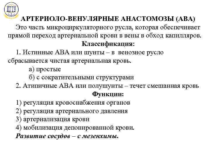 АРТЕРИОЛО-ВЕНУЛЯРНЫЕ АНАСТОМОЗЫ (АВА) Это часть микроциркуляторного русла, которая обеспечивает прямой переход артериальной крови в