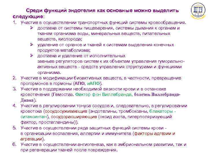  Среди функций эндотелия как основные можно выделить следующие: 1. Участие в осуществлении транспортных