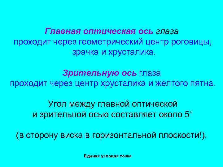 Главная оптическая ось глаза проходит через геометрический центр роговицы, зрачка и хрусталика. Зрительную ось
