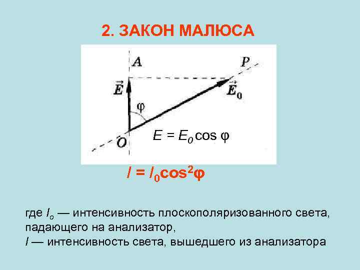 2. ЗАКОН МАЛЮСА Е = Е 0 cos φ / = /0 соs 2φ